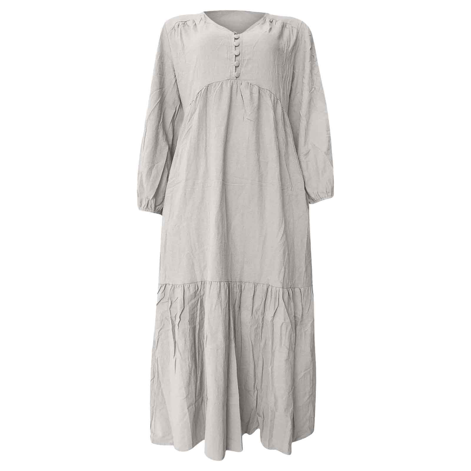 thumbnail image 4 of Vestido largo vintage de manga larga de lino para mujer - Vestido informal con falda acampanada y botones en la parte delantera, 4 of 4